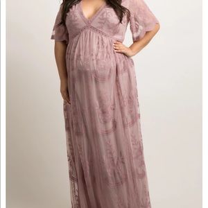 Mauve Lace Mesh Overlay Plus Maternity Maxi Dress